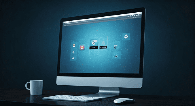 alt_text: Realistyczna okładka z komputerem, ikonami pobierania i symbolami legalności w nowoczesnym stylu.