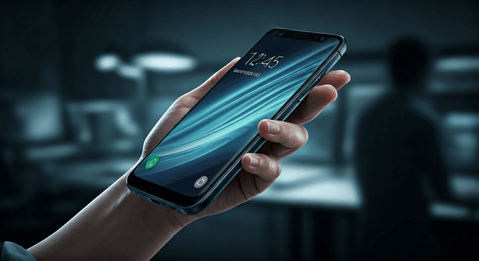 alt_text: Osoba trzymająca telefon Samsung z błędami, w tle laboratorium techniczne i instrukcje.